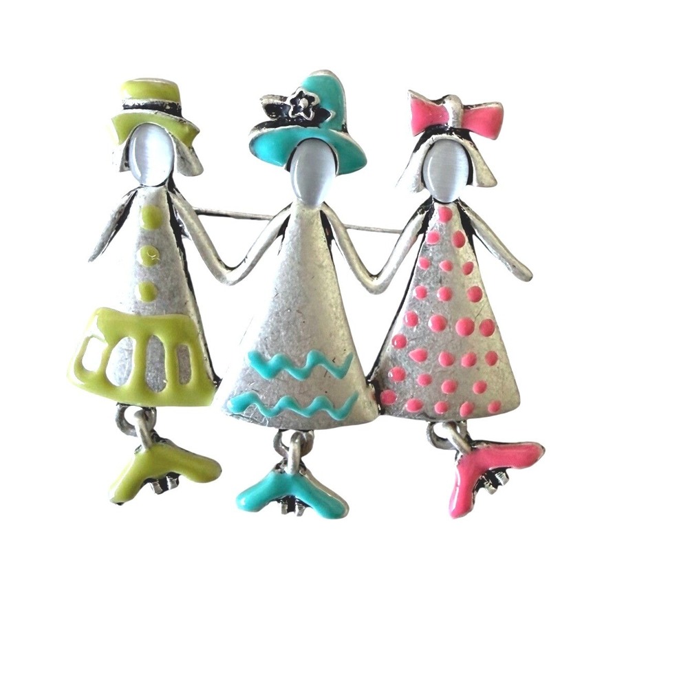 OTC Silver Tone Enamel Three Friends Holding Hands Brooch Whimsical BFF Kitsch